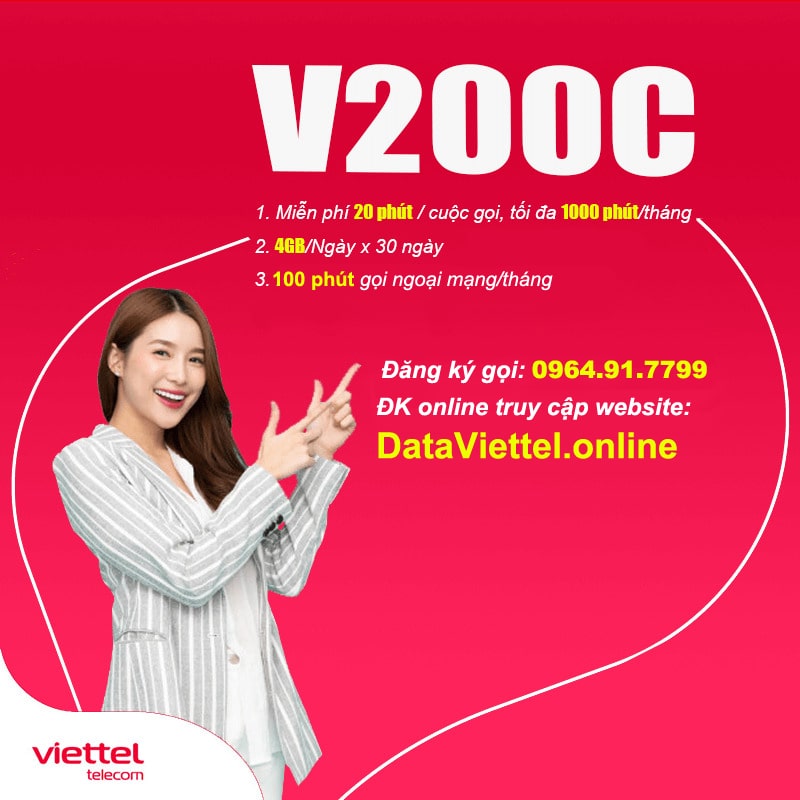 Gói cước trả trước V200C Viettel khuyến mại nhất ⭐ 4Gb 100p ngoại mạng